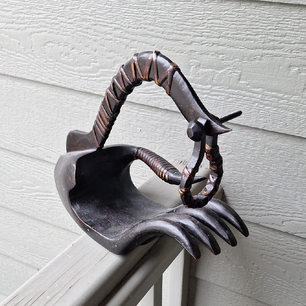 Vintage MCM Hand Carved Large Wood Hand Wine Bottle Holder Decor